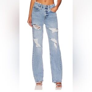Good American Light Blue Distressed Straight Leg Jeans destroyed hem indigo 162